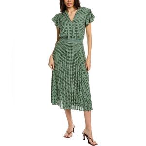 MAX STUDIO Flutter Sleeve Vneck Decorative Elastic waist Pleated Midi Dress